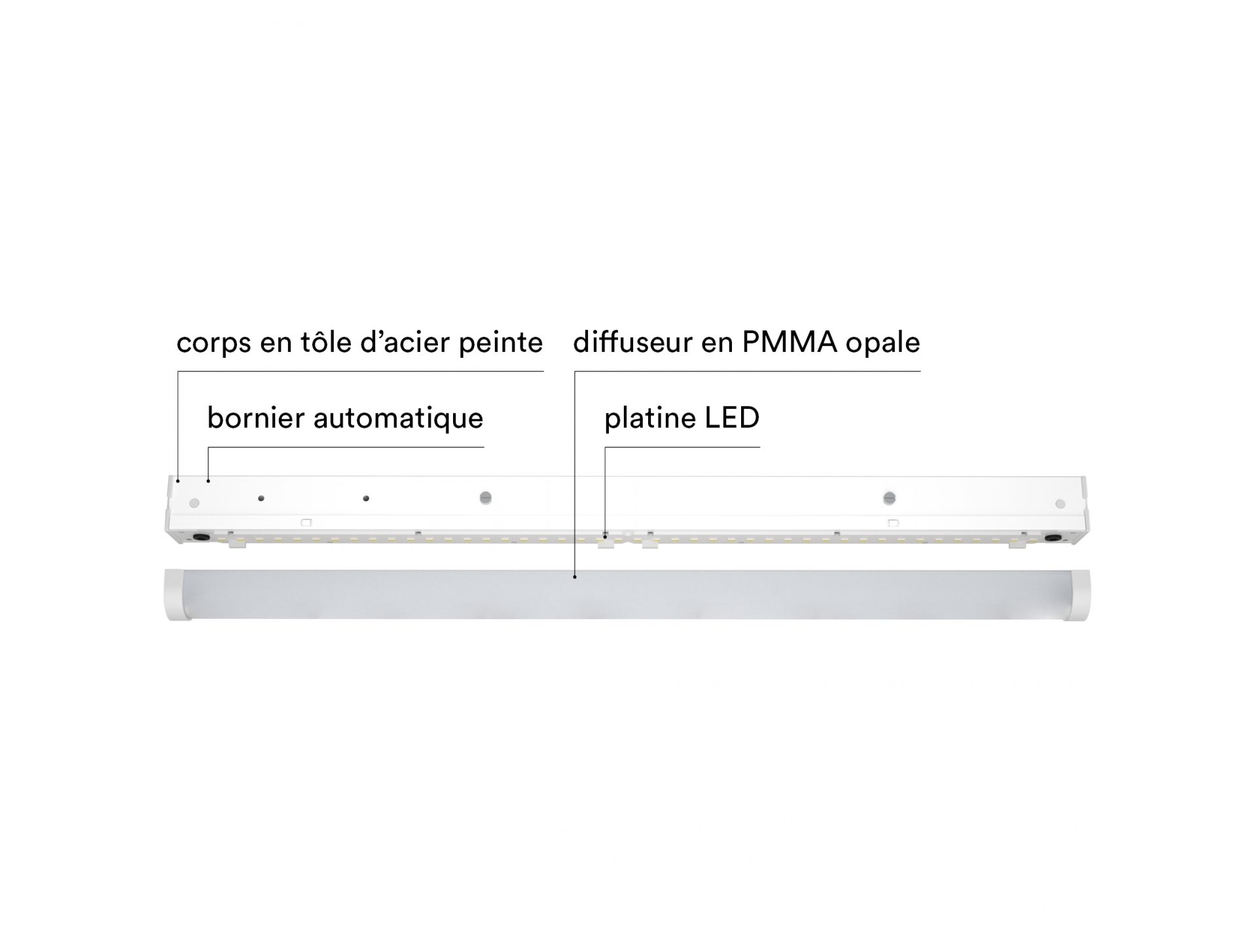 RGD, réglette LED avec un éclairage direct ou indirect composé d'un corps en acier peint avec un diffuseur en PMMA et un branchement par bornier automatique, qui s'installe en plafonnier ou en suspension, pour répondre à tous vos projets d'éclairage